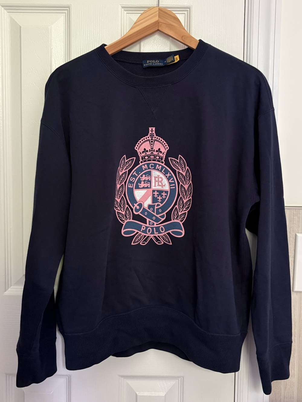 Polo Ralph Lauren Navy Crewneck Sweatshirt with Pink Crest